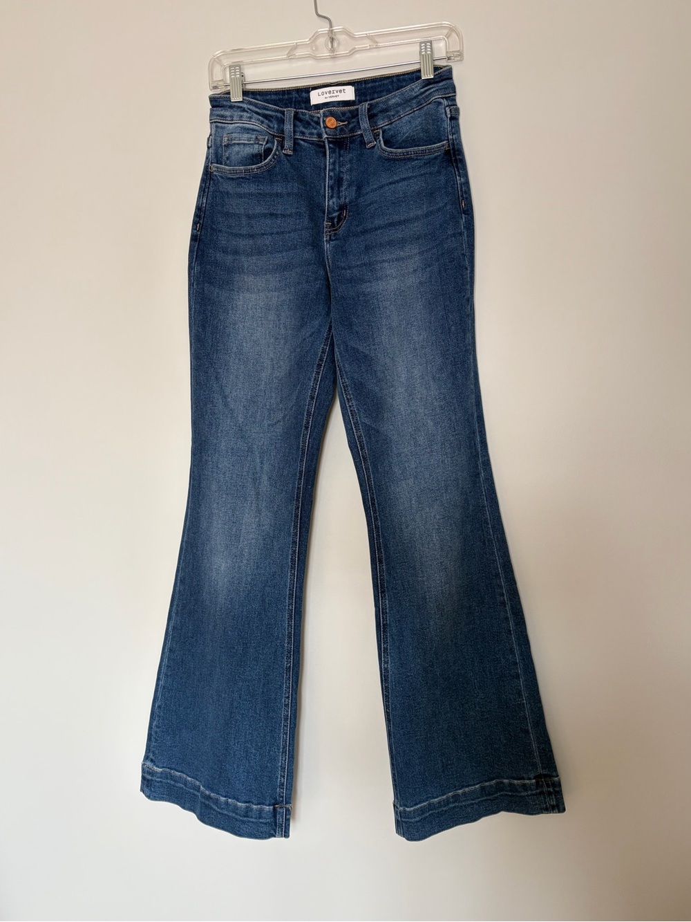 Lovervet By Vervet High Rise Trouser Hem Relaxed Flare Jeans, fits like a 6